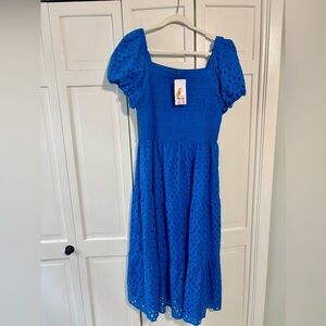 Boutique Blue Eyelet Smocked Midi Dress – Size XL – NWT